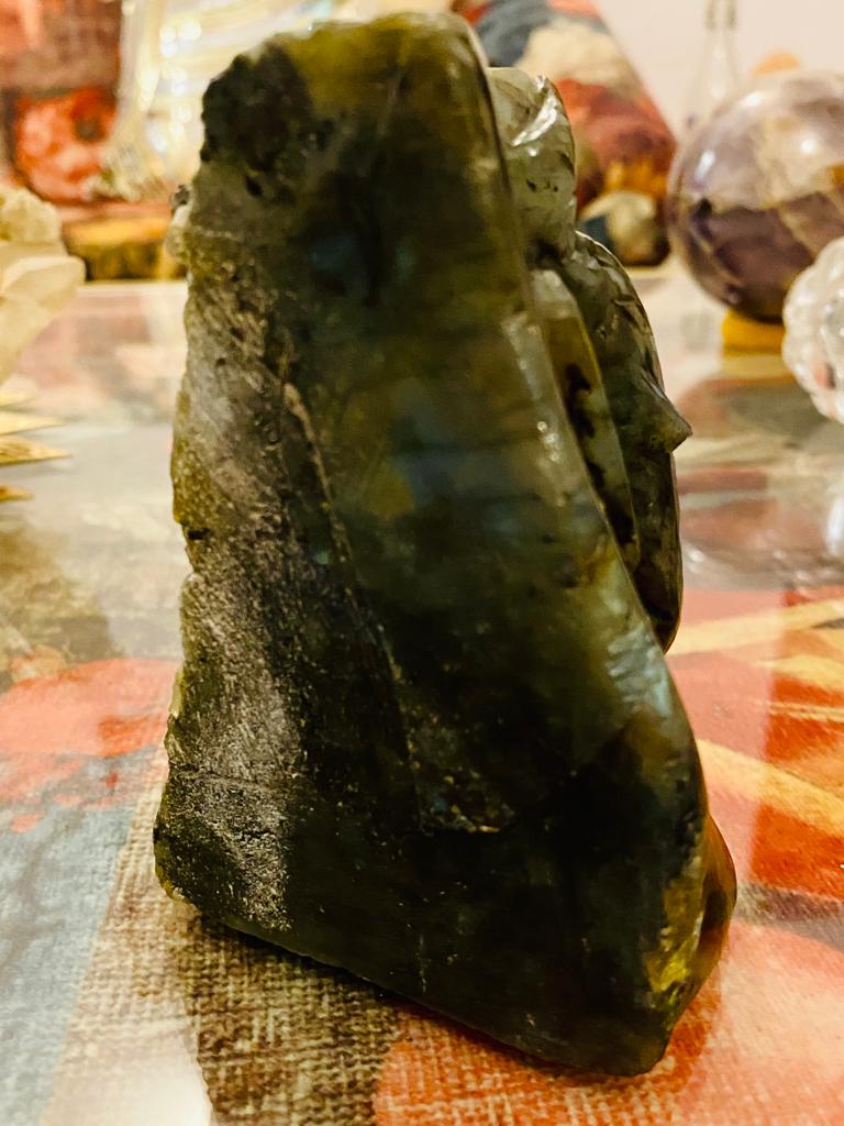 Siddhi Ganesh Carved On Raw Crystal Rock | Labradorite