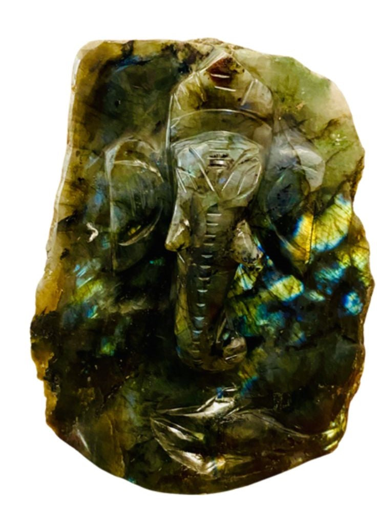 Siddhi Ganesh Carved On Raw Crystal Rock | Labradorite